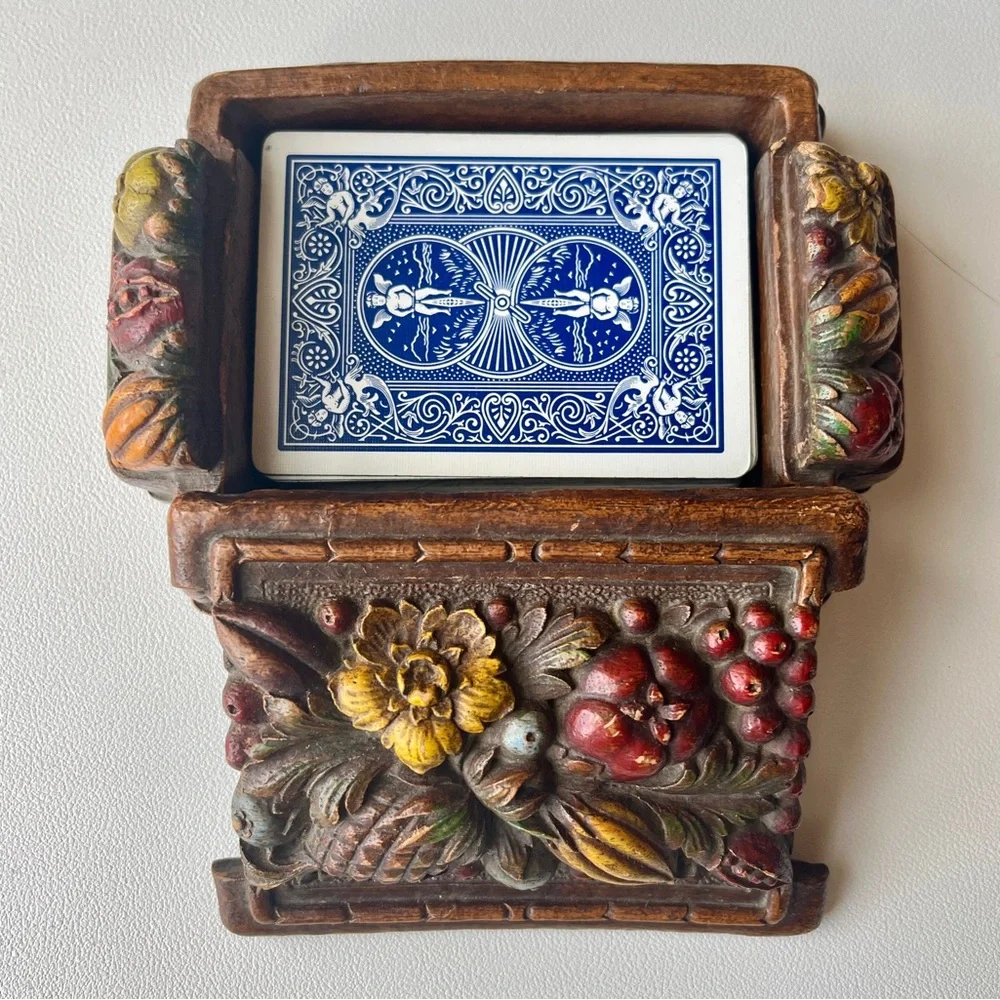 Vintage Cigarette Box, Colorful Syroco Box, Playing Cards Storage 1940s, Fruit